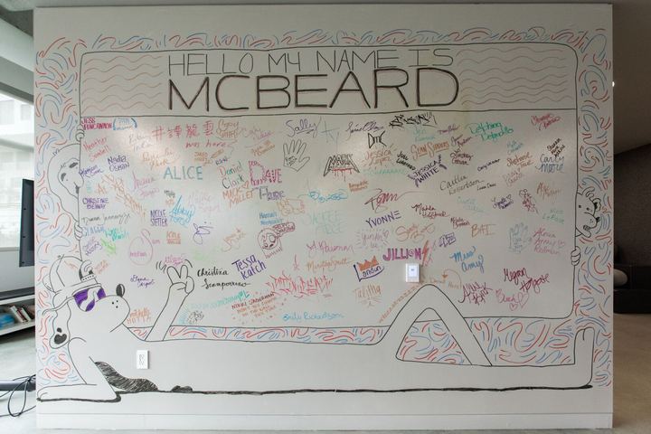 The signed Hello My Name Is McBeard wall at the Fullscreen offices, 2017