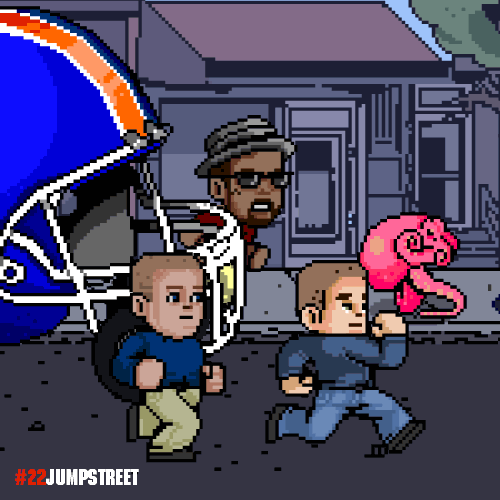 Animated 8-bit pixel-art GIF of three characters running from a pink creature, with the #22JumpStreet hashtag