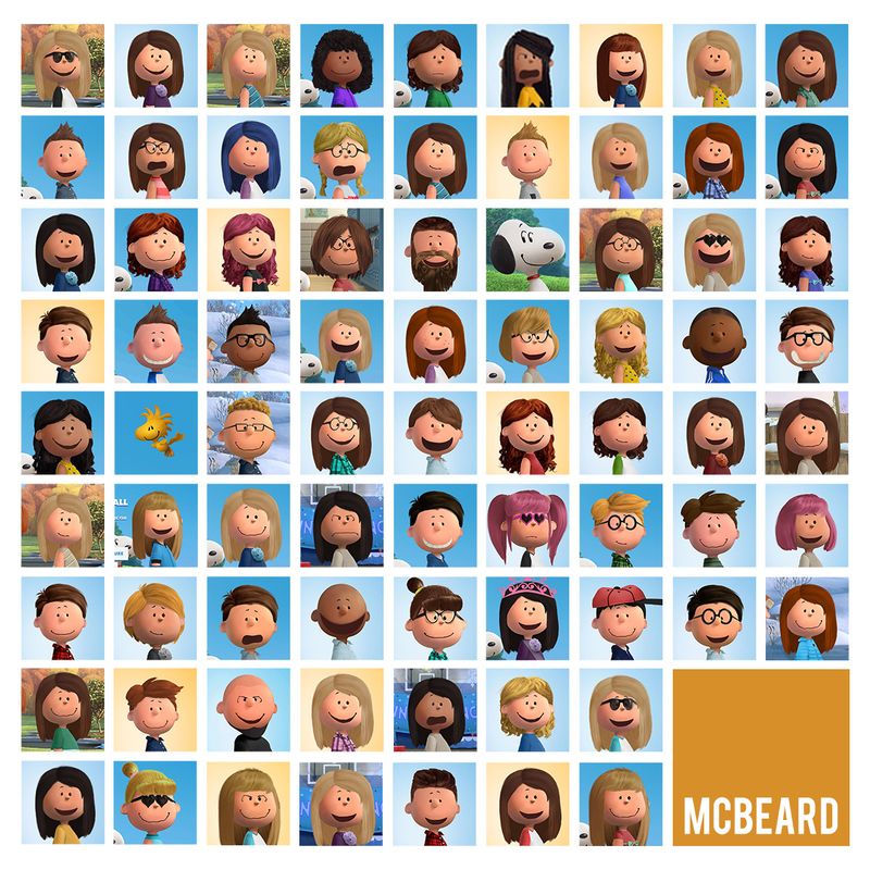 Grid of the McBeard team drawn as Peanuts Movie characters, with a gold McBeard logo tile