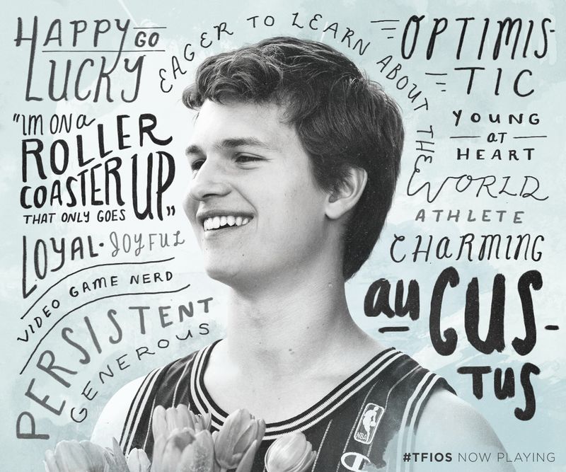 Black-and-white portrait of Augustus surrounded by hand-lettered traits like Happy-go-lucky, Optimistic and Charming