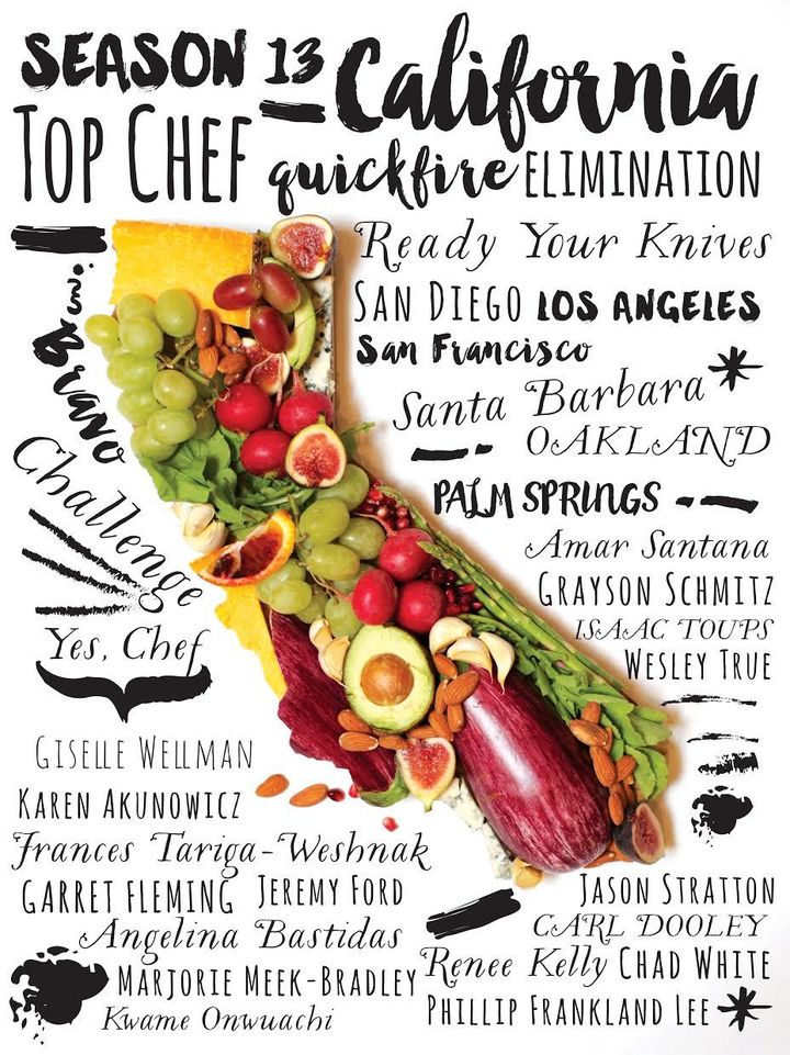 Top Chef Season 13 California graphic with a map of California made of fruit and vegetables and hand-lettered contestant names